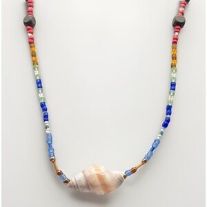 Vintage 90s Y2K Boho Rainbow Seed Bead Necklace Long Seashell Pendant Cube